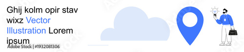 Navigation, brainstorming, innovation, business solutions, location services, technology ideas. A blue location pin next to a cloud and a character holding a lightbulb. Navigation and brainstorming