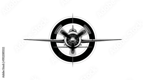 A grayscale illustration of a biplane, viewed from the front, within a target, set against white