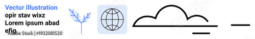 Environmental awareness, global connection, minimalism, digital communication, earth conservation, simplicity. Globe icon, tree cloud and text elements in minimal design. Environmental awareness