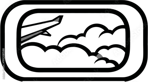 A plane wing appears through a rounded rectangle frame. Clouds fill the view below