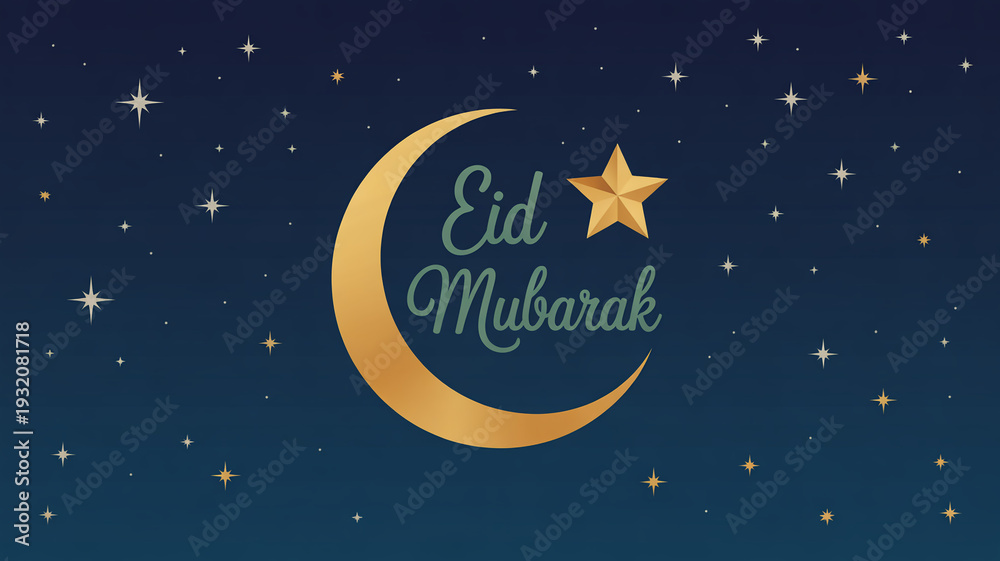 Naklejka premium Golden crescent moon and star with Eid Mubarak text on a starry night sky background islam islamic