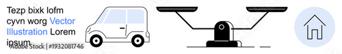 Transportation, law, real estate, balance, mobility, homeownership. Minimalist car, balance scale and house icon in black and blue. Transportation and law through balance and car