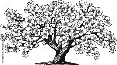 A black and white illustration of a flowering tree with many blossoms and a thick trunk