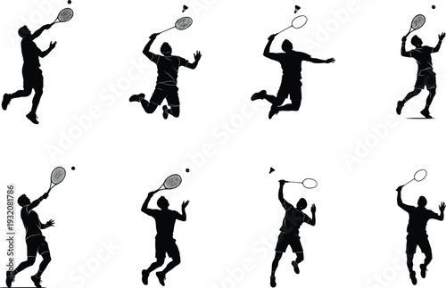Silhouette of a person playing badminton in various dynamic poses