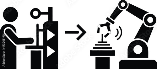 Black and white vector icon of a factory technician operating a control panel for an automated robotic arm in a modern industrial setting.