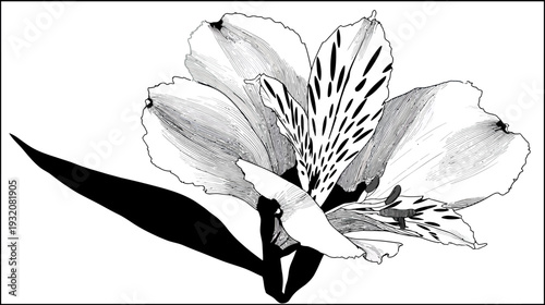 Black and white illustration of a delicate flower with detailed petals and a long leaf