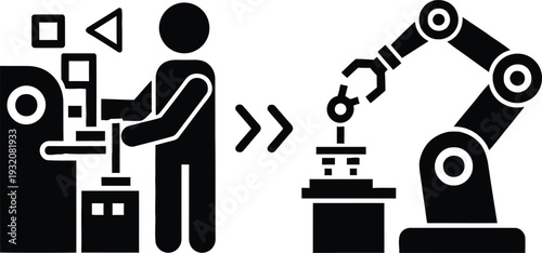 Industrial technician operating a control station for an automated production line featuring a mechanical robotic arm in a smart factory.