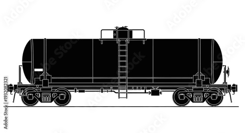 A black silhouette of a vintage railway tank car side view with detailed wheels