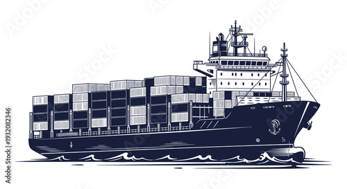 Detailed illustration of a large container ship sailing on calm waters