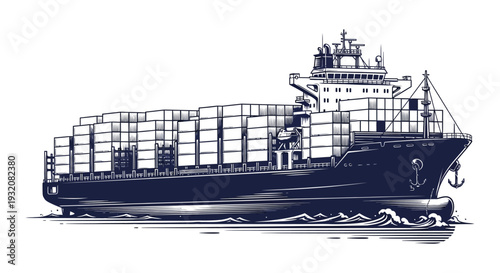 Detailed illustration of a large container ship sailing on the ocean waves
