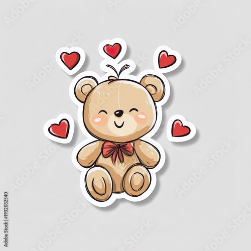 A cute teddy bear sticker with a smiling face, vector clipart, and a solid white background.