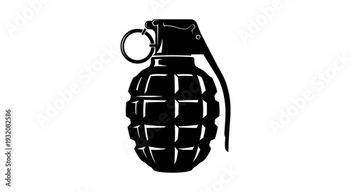A black silhouette illustration depicting a classic hand grenade with a pin