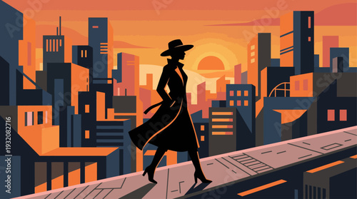 A chic female figure showcases her outfit of the day against a minimalist city skyline, rendered in a striking flat design style