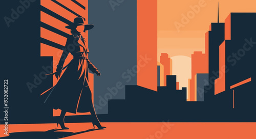 A chic female figure showcases her outfit of the day against a minimalist city skyline, rendered in a striking flat design style