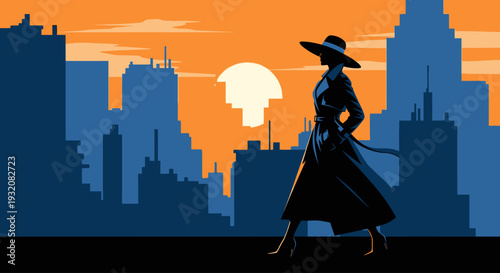 A chic female figure showcases her outfit of the day against a minimalist city skyline, rendered in a striking flat design style