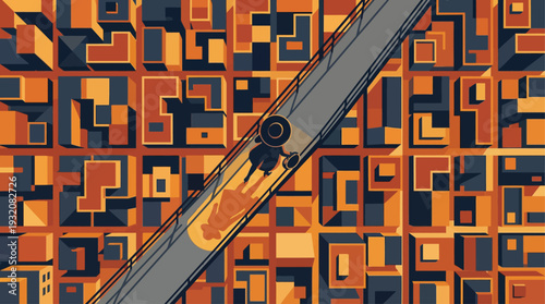 A chic female figure showcases her outfit of the day against a minimalist city skyline, rendered in a striking flat design style