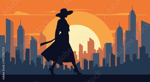 A chic female figure showcases her outfit of the day against a minimalist city skyline, rendered in a striking flat design style
