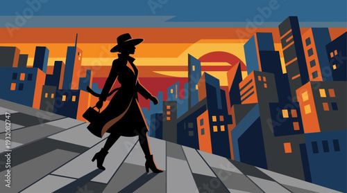 A chic female figure showcases her outfit of the day against a minimalist city skyline, rendered in a striking flat design style