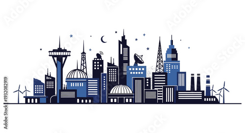 Stylized cityscape silhouette featuring iconic landmarks under a crescent moon and stars