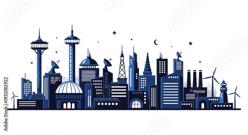 Stylized cityscape illustration featuring various towers a crescent moon and stars