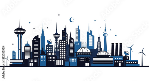 Stylized cityscape silhouette featuring a space needle and modern buildings under a starry night