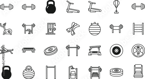 Gym and fitness equipment icon set with dumbbells treadmills kettlebells and weight plates for cad drawing flat vector illustration design,