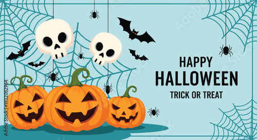Happy Halloween trick or treat banner with pumpkins skulls spiders bats and spider webs for cad drawing flat vector illustration,