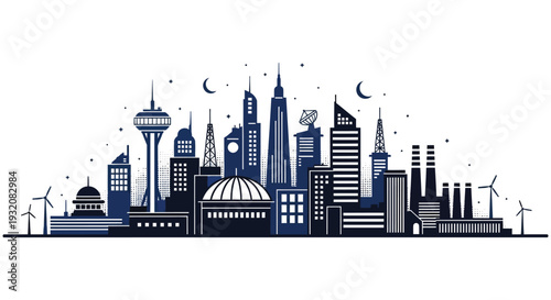 Stylized cityscape illustration featuring iconic buildings and a nighttime sky