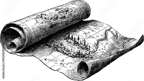 A black and white illustration of an old rolled map partially unrolled