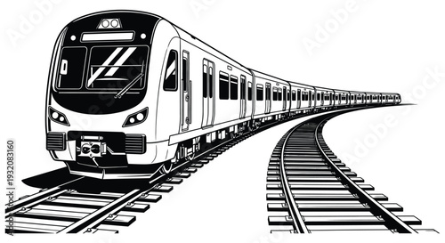 A sleek modern subway train travels along curved railway tracks in a monochrome style