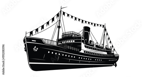 Vintage steamship illustration with decorative bunting presented in a black and white style