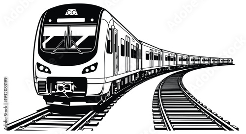 A black and white illustration of a modern high speed passenger train on tracks