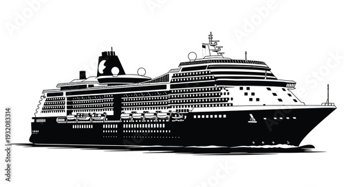 A detailed black and white illustration of a large cruise ship sailing on water