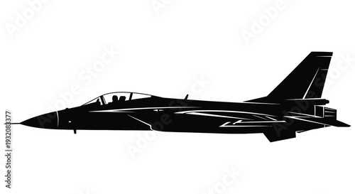 Silhouette of a modern fighter jet in a side profile black and white
