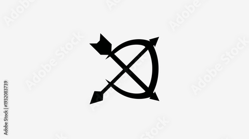 Black graphic depicting a bow and arrow in a crossed position on a white background