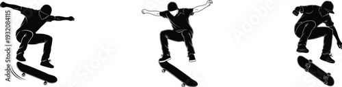 Three black silhouettes of people in motion