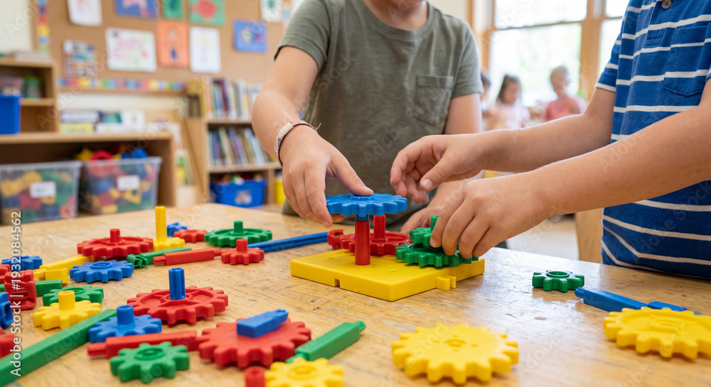 Obraz premium Children Playing with Colorful Gear Building Toys
