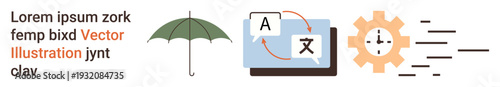 Language services, process automation, speed optimization, accessibility, information flow, multilingual tools. Umbrella, translation screen gear with speed lines. Language services and process