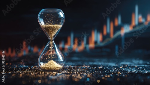 Hourglass with Flowing Sand on Blurred Financial Stock Market Chart Background.
