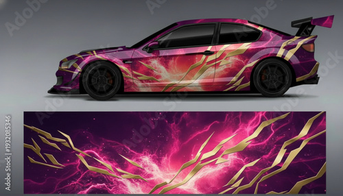 Vibrant purple and pink car wrap design with golden abstract lines and energetic glow on a sports coupe.