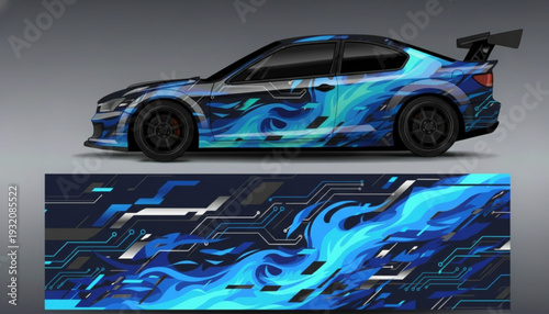 Blue sports car with a dynamic flame and circuit board graphic wrap design.