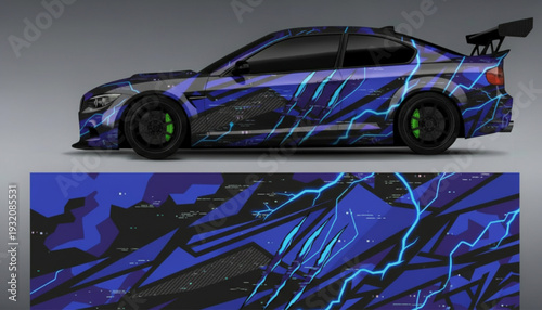 Dynamic blue and black sports car with lightning bolt graphic wrap design.