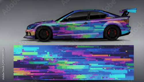 A sporty car with a vibrant, abstract glitch-art style vinyl wrap design displayed below.