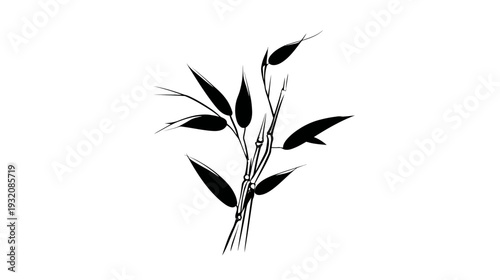 Stylized black and white drawing of bamboo stalk with several long, pointed leaves