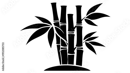Silhouetted illustration of bamboo stalks, with detailed leaves, against a stark white backdrop