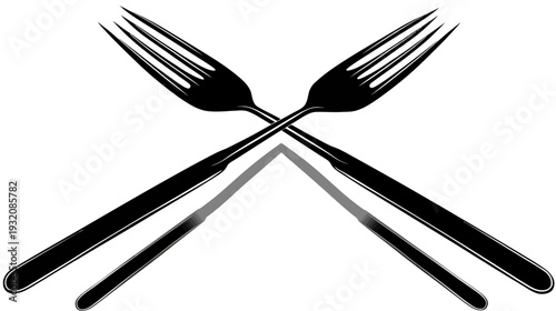 Two black stylized crossed forks with shadows and gradient effects on a white background
