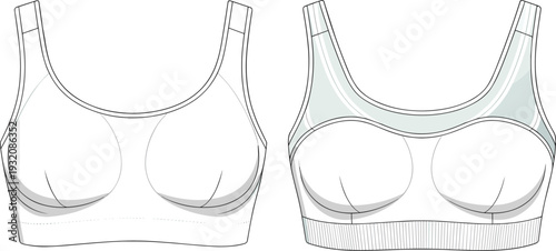 Flat vector illustration of two sports bra templates with seamless and mesh details, ribbed band, wide straps, front back views