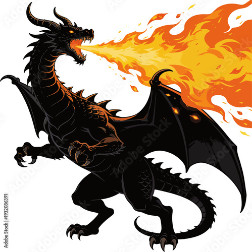 Majestic Fire-Breathing Dragon Silhouette Bold Flames Wings Horns Claws Aggressive Pose Fantasy Mythical Creature Vector Graphic