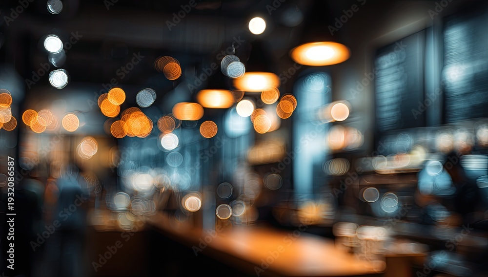 Fototapeta premium Blurred Bokeh Lights of a Cozy Cafe Interior at Night.