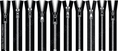 Black zipper collection set, realistic clothing fastener elements isolated on white background, fashion garment accessory vector illustration bundle
